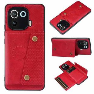 For Xiaomi Mi 11 Pro Double Buckle PU + TPU Shockproof Magnetic Protective Case with Card Slot & Holder(Red)