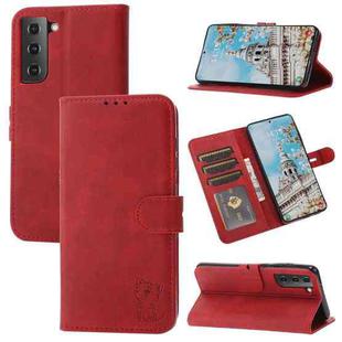 For Samsung Galaxy S21 FE Embossed Happy Cat Pattern Horizontal Flip Leather Case with Holder & Card Slots & Wallet(Red)