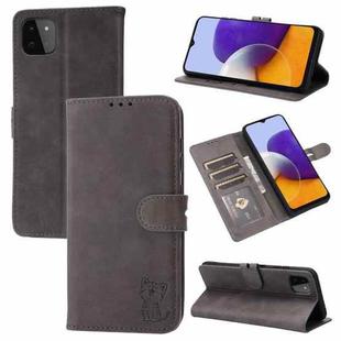 For Samsung Galaxy A22 5G EU Version Embossed Happy Cat Pattern Horizontal Flip Leather Case with Holder & Card Slots & Wallet(Grey)