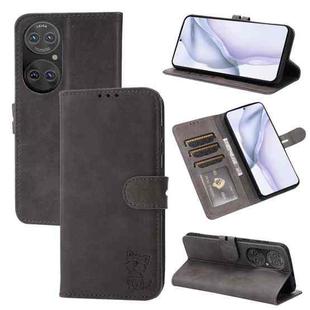 For Huawei P50 Embossed Happy Cat Pattern Horizontal Flip Leather Case with Holder & Card Slots & Wallet(Grey)