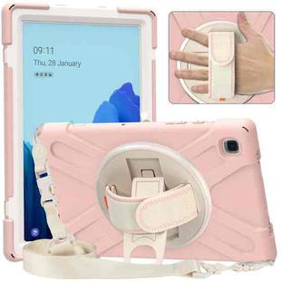 For Samsung Galaxy Tab A7 (2020) T500 Pure Color Silicone + PC Protective Case with Holder & Shoulder Strap(Sakura Pink)