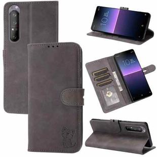 For Sony Xperia 1 III Embossed Happy Cat Pattern Horizontal Flip Leather Case with Holder & Card Slots & Wallet(Grey)