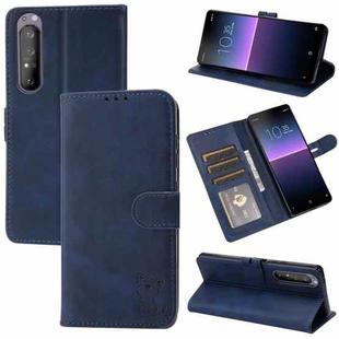 For Sony Xperia 1 III Embossed Happy Cat Pattern Horizontal Flip Leather Case with Holder & Card Slots & Wallet(Blue)