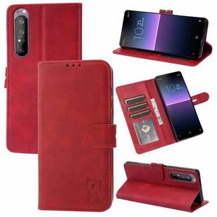 For Sony Xperia 1 III Embossed Happy Cat Pattern Horizontal Flip Leather Case with Holder & Card Slots & Wallet(Red)