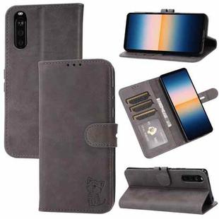 For Sony Xperia 10 III Embossed Happy Cat Pattern Horizontal Flip Leather Case with Holder & Card Slots & Wallet(Grey)