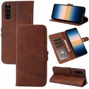 For Sony Xperia 10 III Embossed Happy Cat Pattern Horizontal Flip Leather Case with Holder & Card Slots & Wallet(Brown)
