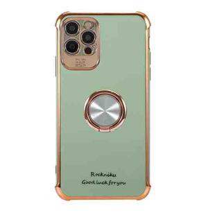 For iPhone 11 Pro Electroplating Solid Color TPU Four-Corner Shockproof Protective Case with Ring Holder (Light Green)