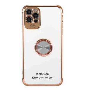 For iPhone 11 Pro Electroplating Solid Color TPU Four-Corner Shockproof Protective Case with Ring Holder (Pearl White)