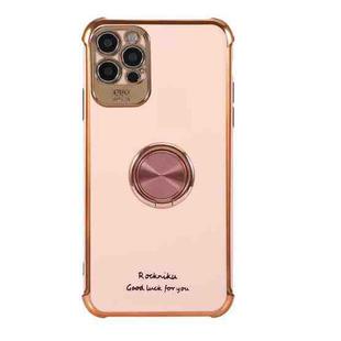 For iPhone 11 Pro Max Electroplating Solid Color TPU Four-Corner Shockproof Protective Case with Ring Holder (Cherry Pink)