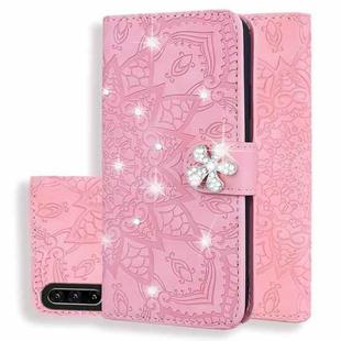For Huawei P30 Calf Pattern Diamond Mandala Double Folding Design Embossed Leather Case with Wallet & Holder & Card Slots(Pink)