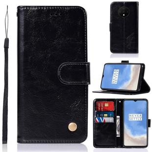 For OnePlus 7T Retro Copper Button Crazy Horse Horizontal Flip PU Leather Case with Holder & Card Slots & Wallet & Lanyard(Black)