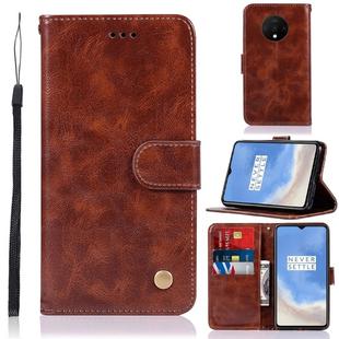 For OnePlus 7T Retro Copper Button Crazy Horse Horizontal Flip PU Leather Case with Holder & Card Slots & Wallet & Lanyard(Brown)