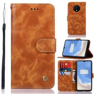 For OnePlus 7T Retro Copper Button Crazy Horse Horizontal Flip PU Leather Case with Holder & Card Slots & Wallet & Lanyard(Gold Yellow)