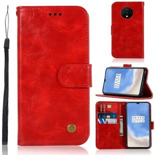 For OnePlus 7T Retro Copper Button Crazy Horse Horizontal Flip PU Leather Case with Holder & Card Slots & Wallet & Lanyard(Red)