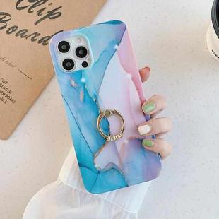 Frosted Watercolor Marble TPU Protective Case with Ring Holder For iPhone 12 / 12 Pro(Baby Blue)