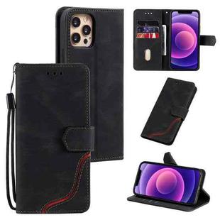 For iPhone 12 / 12 Pro Three-color Stitching Calf Texture Horizontal Flip Leather Case with Holder & Card Slots & Wallet(Black)