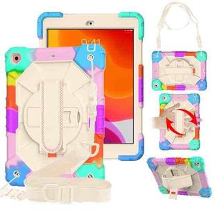 For iPad 10.2 2021 / 2020 / 2019 Contrast Color Robot Shockproof Silicon + PC Protective Case with Holder & Shoulder Strap(Colorful Mint Beige)