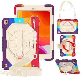 For iPad 10.2 2021 / 2020 / 2019 Contrast Color Robot Shockproof Silicon + PC Protective Case with Holder & Shoulder Strap(Colorful Red Beige)
