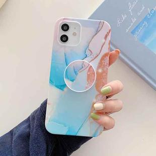 Frosted Watercolor Marble TPU Protective Case with Holder For iPhone 12 / 12 Pro(Aqua Blue)