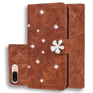 For iPhone 7 Plus / 8 Plus Calf Pattern Diamond Mandala Double Folding Design Embossed Leather Case with Wallet & Holder & Card Slots(Brown)