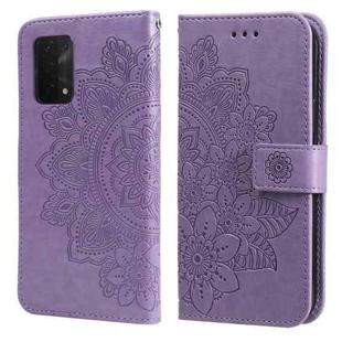 For OPPO A74 4G / F19 4G 7-petal Flowers Embossing Pattern Horizontal Flip PU Leather Case with Holder & Card Slots & Wallet & Photo Frame(Light Purple)