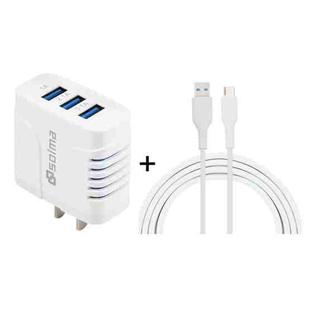 SOlma 2 in 1 6.2A 3 USB Ports Travel Charger + 1.2m USB to USB-C / Type-C Data Cable Set, US Plug