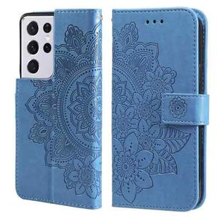 For Samsung Galaxy S21 Ultra 5G 7-petal Flowers Embossing Pattern Horizontal Flip PU Leather Case with Holder & Card Slots & Wallet & Photo Frame(Blue)
