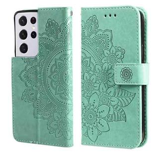 For Samsung Galaxy S21 Ultra 5G 7-petal Flowers Embossing Pattern Horizontal Flip PU Leather Case with Holder & Card Slots & Wallet & Photo Frame(Green)
