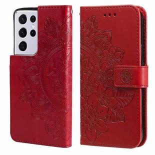 For Samsung Galaxy S21 Ultra 5G 7-petal Flowers Embossing Pattern Horizontal Flip PU Leather Case with Holder & Card Slots & Wallet & Photo Frame(Red)