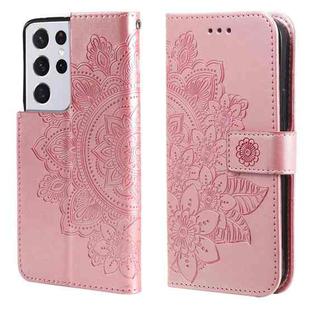For Samsung Galaxy S21 Ultra 5G 7-petal Flowers Embossing Pattern Horizontal Flip PU Leather Case with Holder & Card Slots & Wallet & Photo Frame(Rose Gold)
