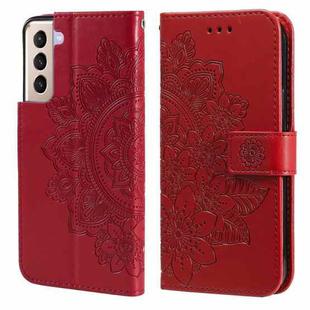 For Samsung Galaxy S21 5G 7-petal Flowers Embossing Pattern Horizontal Flip PU Leather Case with Holder & Card Slots & Wallet & Photo Frame(Red)