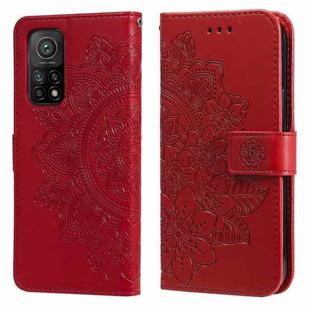 For Xiaomi Mi 10T Pro 7-petal Flowers Embossing Pattern Horizontal Flip PU Leather Case with Holder & Card Slots & Wallet & Photo Frame(Red)