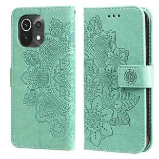 For Xiaomi Mi 11 7-petal Flowers Embossing Pattern Horizontal Flip PU Leather Case with Holder & Card Slots & Wallet & Photo Frame(Green)