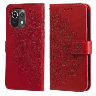 For Xiaomi Mi 11 7-petal Flowers Embossing Pattern Horizontal Flip PU Leather Case with Holder & Card Slots & Wallet & Photo Frame(Red)