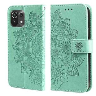 For Xiaomi Mi 11 Lite 7-petal Flowers Embossing Pattern Horizontal Flip PU Leather Case with Holder & Card Slots & Wallet & Photo Frame(Green)
