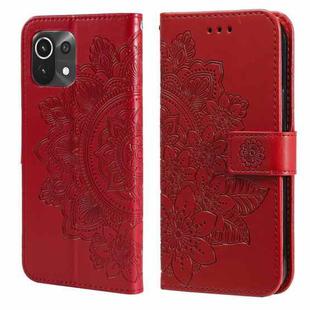 For Xiaomi Mi 11 Lite 7-petal Flowers Embossing Pattern Horizontal Flip PU Leather Case with Holder & Card Slots & Wallet & Photo Frame(Red)
