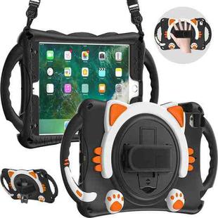 Cute Cat King Kids Shockproof Silicone Tablet Case with Holder & Shoulder Strap & Handle For iPad mini 5 / 4 / 3 / 2 /1(Black Orange)