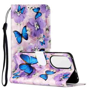 For Huawei P50 Oil Embossed Pattern Horizontal Flip PU Leather Case with Holder & Card Slots & Wallet & Lanyard(Purple Flower Butterfly)