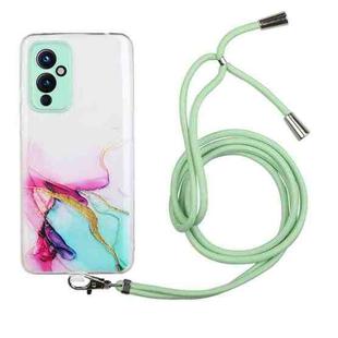 For OnePlus 9 Hollow Marble Pattern TPU Precise Hole Protective Case with Neck Strap Rope(Green)