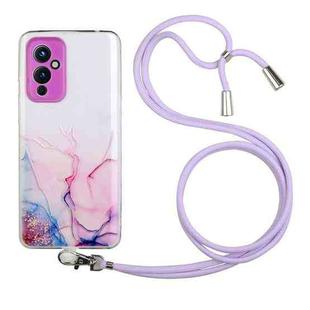 For OnePlus 9 Hollow Marble Pattern TPU Precise Hole Protective Case with Neck Strap Rope(Pink)