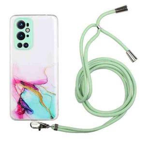 For OnePlus 9 Pro Hollow Marble Pattern TPU Precise Hole Protective Case with Neck Strap Rope(Green)