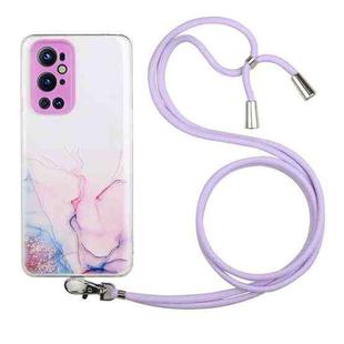 For OnePlus 9 Pro Hollow Marble Pattern TPU Precise Hole Protective Case with Neck Strap Rope(Pink)