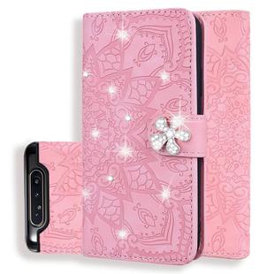 For Galaxy A80 / A90 Calf Pattern Diamond Mandala Double Folding Design Embossed Leather Case with Wallet & Holder & Card Slots(Pink)