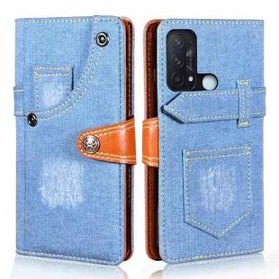 For OPPO Reno5 A Japan Version Denim Horizontal Flip Leather Case with Holder & Card Slot & Wallet(Light Blue)