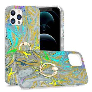 For iPhone 12 Pro Max Laser Glitter Watercolor Pattern Shockproof Protective Case with Ring Holder(FD2)