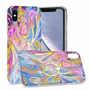 For iPhone X / XS Laser Glitter Watercolor Pattern Shockproof Protective Case with Ring Holder(FD1)