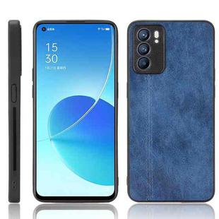 For OPPO Reno6 5G Shockproof Sewing Cow Skin Texture PC + PU + TPU Case(Blue)