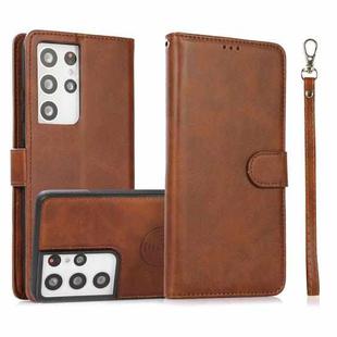 For Samsung Galaxy S21 Ultra 5G Calf Texture 2 in 1 Detachable Magnetic Back Cover Horizontal Flip Leather Case with Holder & Card Slots & Wallet & Photo Frame(Brown)