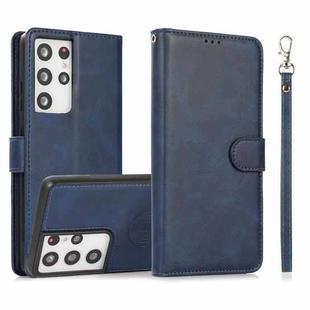 For Samsung Galaxy S21 Ultra 5G Calf Texture 2 in 1 Detachable Magnetic Back Cover Horizontal Flip Leather Case with Holder & Card Slots & Wallet & Photo Frame(Blue)