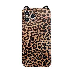 For iPhone 11 Pro Cat Ear Leopard Print TPU Straight Edge Protective Case with Lanyard (Brown)